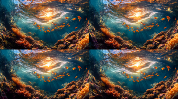 鱼眼视觉,热带鱼环绕的珊瑚礁，鱼眼镜头形成气泡状扭曲，阳光穿透水面，超高清，鲜艳色彩。