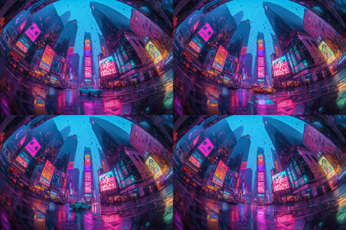 鱼眼视角，未来主义城市景观，高耸的霓虹摩天楼，超精细，赛博朋克风格，紫蓝色灯光，雨夜街道反射霓虹，超广角视角。