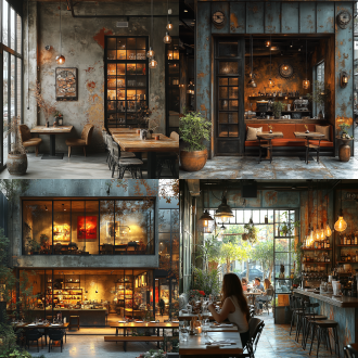 工业办公风格的餐厅 里面坐着一对情侣