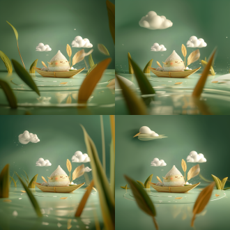 拟人粽子划竹舟，居中构图，3d渲染风，浅绿背景，侧逆光，暖色调，活泼氛围，端午元素，粽子山，白云，旋转粽叶。