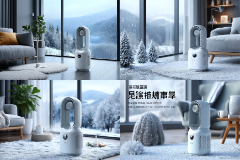 帮我画一个室内办公桌面雪景冷色调主图，左文右图构图，内容有一台落地小空调，桌面被落地空调制冷一大片，冰冷的一层霜，厚厚的雪花，小空调周围还有堆积的雪霜，不要出现暖色调的颜色，整体风格oc渲染，使用 3d 建模软件如blender或c4d制作，高清，hdr，真实的纹理和光线增强了室内的真实性。 全景 冰冷 华丽室内 冰 蓝色系