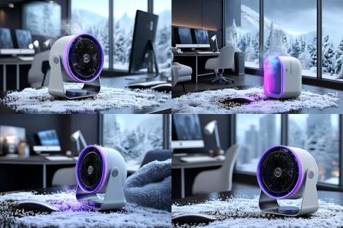 帮我画一个室内办公桌面雪景冷色调主图，左文右图构图，内容有一台桌面小空调，桌面被落地空调制冷一大片，冰冷的一层霜，厚厚的雪花，小空调周围还有堆积的雪霜，不要出现暖色调的颜色，整体风格oc渲染，使用 3d 建模软件如blender或c4d制作，高清，hdr，真实的纹理和光线增强了室内的真实性。 全景 冰冷 华丽室内 冰 蓝色系