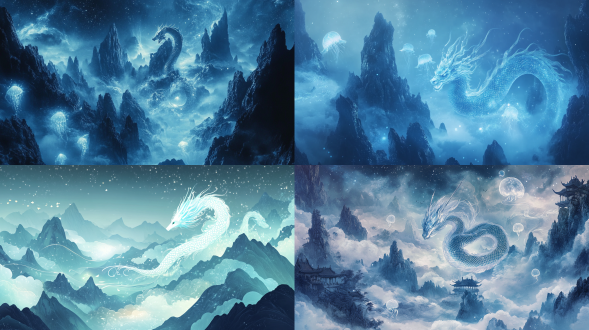 pale blue fluorescent wonderland, chinese shanhai mythical style, a luminous qilin with starry scales floating in clouds, surrounded by translucent jellyfish-like spirits, background of layered glowing mountains and flowing milky way, traditional ink painting strokes blended with particle light effects, surreal ethereal atmosphere, low-saturation gradient tones, wallpaper-grade ultra-detailed