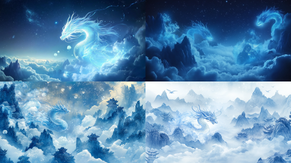 pale blue fluorescent wonderland, chinese shanhai mythical style, a luminous qilin with starry scales floating in clouds, surrounded by translucent jellyfish-like spirits, background of layered glowing mountains and flowing milky way, traditional ink painting strokes blended with particle light effects, surreal ethereal atmosphere, low-saturation gradient tones, wallpaper-grade ultra-detailed