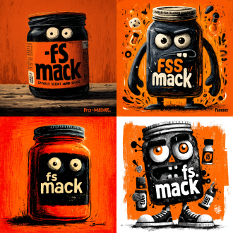 “fs.mack”与拟人化罐子卡通组合成logo，对称布局，黑橘色调，醒目风格，扁平插画风，强光，简洁元素，独特吸睛。