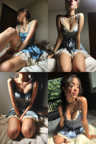 坐在白色羊毛毯上的美丽少女，身穿宝蓝色吊带丝绸睡裙，睡裙上装饰有蕾丝花边，低位置镜头