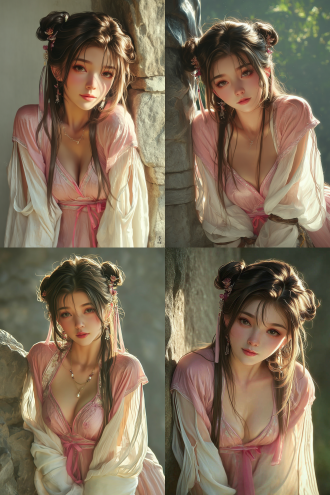 古代仙女风少女，粉短衬白衣广袖长发，靠假山前倾仰头，中式皇家园林，三分构图，长焦逆光，深景深，细节丰富，娇俏。