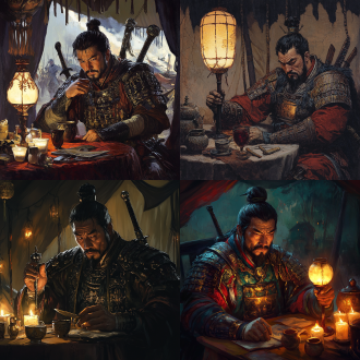 醉里挑灯看剑，梦回吹角连营。微醺的中国古代将军，身披中国古代铠甲，在帐篷中坐在桌前，桌子上放着古代酒杯，昏黄的蜡烛燃烧，随风舞动，将军拿着剑眉头紧皱，回想起战鼓雷动的沙场