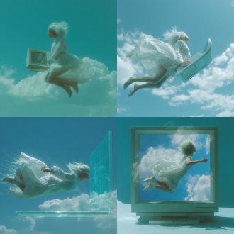 白发白裙动漫女孩从蓝绿色电脑屏幕飞出，三分法构图，夏天蓝天白云，冷色调，长焦镜头，逆光，飘逸，奇幻。