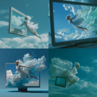 白发白裙动漫女孩从蓝绿色电脑屏幕飞出，三分法构图，夏天蓝天白云，冷色调，长焦镜头，逆光，飘逸，奇幻。