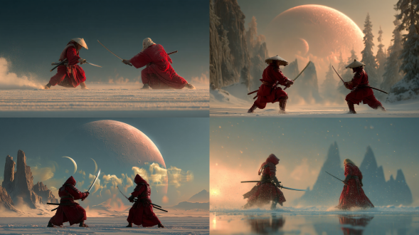 武侠决斗，对称布局，高饱和，冰天雪地，长焦镜头，逆光，动态模糊，挥剑，激昂，刀剑，酒滴，冷色光