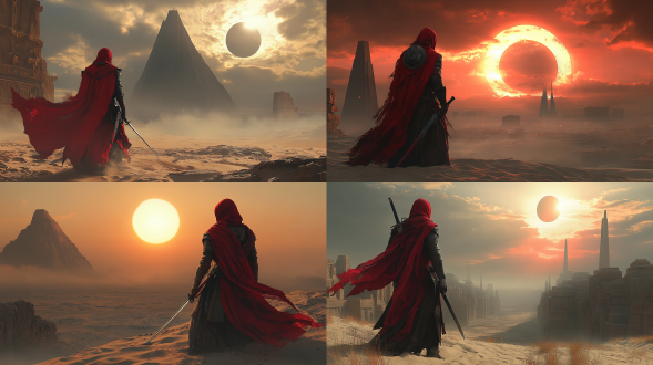 剑士望夕阳，剑插沙中，红绸飘，远处有笛声，逆光剪影，三分构图，暖红调，长焦镜头，侧逆光，安静氛围。