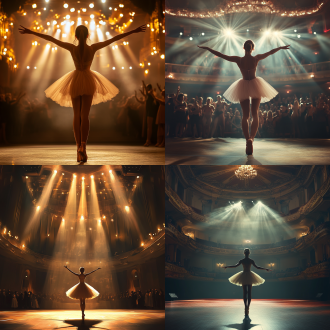 高挑的女生跳着芭蕾舞，观众席上面爆发欢呼和掌声，大厅，舞台，聚光灯，宏大，广角，逆光，电影风格