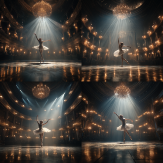 高挑的女生跳着芭蕾舞，大厅，舞台，聚光灯，宏大，广角，电影风格