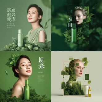 产品宣传，广告，时尚海报，高清，高档护肤品，简约背景，绿色森林主题，功效：祛痘养颜，女士必备