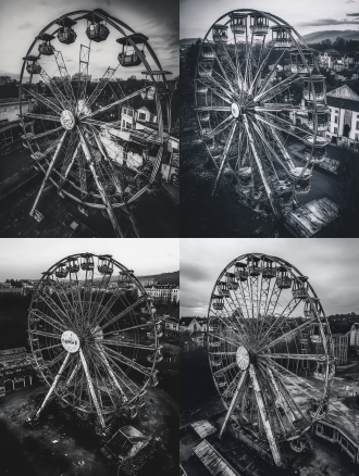 巨大的摩天轮 破旧不堪 摩天轮下方为商场 空气透视 平视视角 胶片相机 暗黑艺术 高对比黑白照片