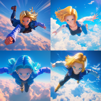 超级广角镜头，正面视角，全身照，人造人18号，在天空超高速飞行，透过云层可以看下方 in the style of high dynamic range, kawaii art, animated illustrations, daz3d,exotic realism, dragon ball, vibrant manga, close-up intensity, japanese-inspired, ray tracing, rendered with unreal engine. front view.