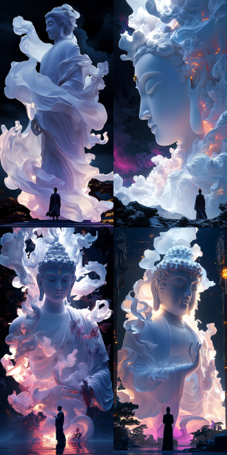 large, stylized, ethereal buddha statue, light purple-blue, flowing white robes, intricate details, abstract background with dark purple and gold accents, small figure in dark robe standing in respectful contemplation, soft, diffused light, spiritual atmosphere, ancient asian aesthetic, cinematic lighting, ultra detailed, fantasy art style, wide angle, perspective emphasizes the buddha's size, detailed depiction of flowing fabric, intricate textures of the sculpted form, subtle use of gold highlights, muted colors, serene mood, asian-inspired elements in the background, digital painting, 8k resolution.