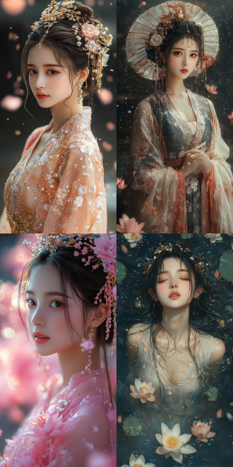 一位被描绘成莲花仙子的中国传统美女，她的礼服与充满活力的粉红色和白色莲花瓣层层无缝融合，并配有由雄蕊和金色小叶子制成的精美头饰。她被暮色天空下的神秘荷花池所包围。漂浮的空灵光带在她周围交织。带有淡淡幻想色彩的传统中国画风，华丽的调色板，深色背景映衬着暮色，金色的装饰元素像花粉一样闪闪发光。真实摄影，高清8k。