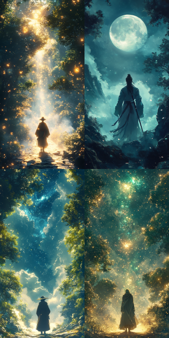 a mysterious wizard in a luxurious robe, in an ancient forest shrouded in mist, depicted in an illustration-style bird’s-eye view. soft moonlight filters through the treetops, casting a gentle glow on the wizard and the surroundings, all rendered in miyazaki hayao style with dreamy colors and intricate details. the atmosphere is mysterious and serene, filled with magic and wonder, and the mood is calm with a sense of anticipation, as if something significant is about to happen.