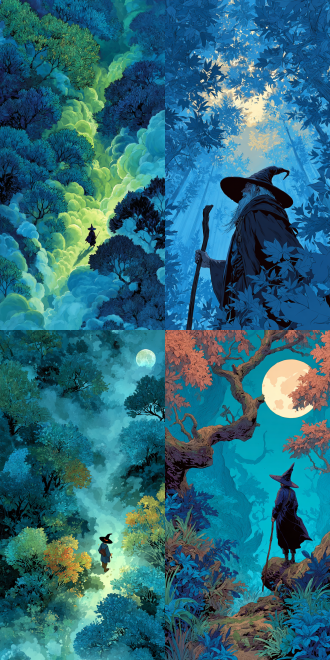 a mysterious wizard in a luxurious robe, in an ancient forest shrouded in mist, depicted in an illustration-style bird’s-eye view. soft moonlight filters through the treetops, casting a gentle glow on the wizard and the surroundings, all rendered in miyazaki hayao style with dreamy colors and intricate details. the atmosphere is mysterious and serene, filled with magic and wonder, and the mood is calm with a sense of anticipation, as if something significant is about to happen.