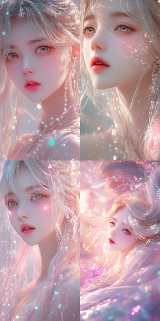 背景透明，柔焦，华丽光影 淡粉色调，高雅气质，插画 ，柔和灯光，超清画质，长发，头发金银渐变挑染，发光的眼睛，特写镜头，流体艺术，高细节，丙烯颜料，仙气，古风漫画，纱制衣服。破碎，眼泪，楚楚可怜超现实，c4d，透明流体，珍珠服饰，韩系插画色系，美人鱼，特写竟然，极简主义，撞色，颜色明快，粉色主色，绿色加洋红辅色，粉色主调，淡雅，治愈，宁静的画面，84k画质新三维古风，岩彩板绘，国风光影，肌肤白皙胜雪，温婉如玉，眼睛明亮清澈，宛若春水，双唇宛若半熟的樱桃，娇艳欲滴，嘴角微微翘起，既诱人又神秘。举止优雅，高贵神秘的气质。发光粒子，生物发光，肌理磨砂，超高清像素