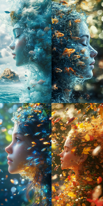 3d,逼真，透明背景，一个女孩正身侧脸，透明水质感流体状态的头发随风飘动，好多小鱼藏在头发里面，神奇，透明流体，飘动，美丽精致的水，抽象，荒诞，超现实主义，壁纸，8k,cg