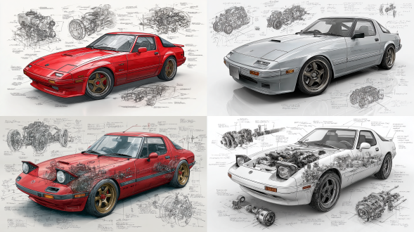 mazda savanna rx-7 fc3s classic model, 3d central rendering on a pure white background, surrounded by hand-drawn sketches of key components. pencil sketch style with detailed annotations, including text descriptions and precise measurements. the classic color scheme highlights the elegance of this historic vehicle. the design focuses on both the full car and intricate mechanical details, capturing the essence of vintage automotive engineering