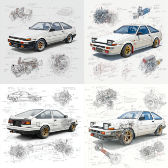 toyota sprinter trueno ae86 classic model, 3d central rendering on a pure white background, surrounded by hand-drawn sketches of key components. pencil sketch style with detailed annotations, including text descriptions and precise measurements. the classic color scheme highlights the elegance of this historic vehicle. the design focuses on both the full car and intricate mechanical details, capturing the essence of vintage automotive engineering