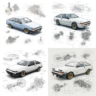 toyota sprinter trueno ae86 classic model, 3d central rendering on a pure white background, surrounded by hand-drawn sketches of key components. pencil sketch style with detailed annotations, including text descriptions and precise measurements. the classic color scheme highlights the elegance of this historic vehicle. the design focuses on both the full car and intricate mechanical details, capturing the essence of vintage automotive engineering