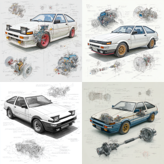 toyota sprinter trueno ae86 classic model, 3d central rendering on a pure white background, surrounded by hand-drawn sketches of key components. pencil sketch style with detailed annotations, including text descriptions and precise measurements. the classic color scheme highlights the elegance of this historic vehicle. the design focuses on both the full car and intricate mechanical details, capturing the essence of vintage automotive engineering