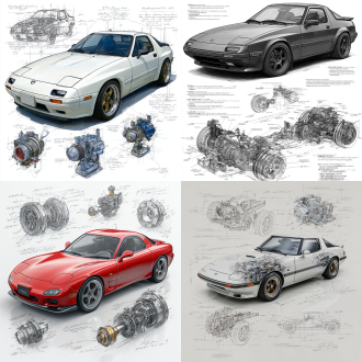 mazda rx-7 fd3s classic model, 3d central rendering on a pure white background, surrounded by hand-drawn sketches of key components. pencil sketch style with detailed annotations, including text descriptions and precise measurements. the classic color scheme highlights the elegance of this historic vehicle. the design focuses on both the full car and intricate mechanical details, capturing the essence of vintage automotive engineering