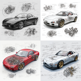 mazda rx-7 fd3s classic model, 3d central rendering on a pure white background, surrounded by hand-drawn sketches of key components. pencil sketch style with detailed annotations, including text descriptions and precise measurements. the classic color scheme highlights the elegance of this historic vehicle. the design focuses on both the full car and intricate mechanical details, capturing the essence of vintage automotive engineering