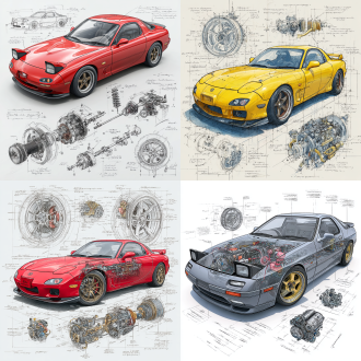 mazda rx-7 fd3s classic model, 3d central rendering on a pure white background, surrounded by hand-drawn sketches of key components. pencil sketch style with detailed annotations, including text descriptions and precise measurements. the classic color scheme highlights the elegance of this historic vehicle. the design focuses on both the full car and intricate mechanical details, capturing the essence of vintage automotive engineering
