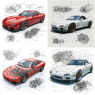 mazda rx-7 fd3s classic model, 3d central rendering on a pure white background, surrounded by hand-drawn sketches of key components. pencil sketch style with detailed annotations, including text descriptions and precise measurements. the classic color scheme highlights the elegance of this historic vehicle. the design focuses on both the full car and intricate mechanical details, capturing the essence of vintage automotive engineering