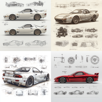 mazda rx-7 fd3s classic model, 3d central rendering on a pure white background, surrounded by hand-drawn sketches of key components. pencil sketch style with detailed annotations, including text descriptions and precise measurements. the classic color scheme highlights the elegance of this historic vehicle. the design focuses on both the full car and intricate mechanical details, capturing the essence of vintage automotive engineering