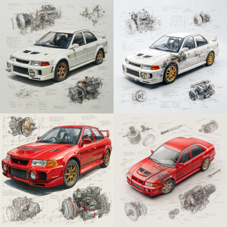 mitsubishi lancer evolution iii classic model, 3d central rendering on a pure white background, surrounded by hand-drawn sketches of key components. pencil sketch style with detailed annotations, including text descriptions and precise measurements. the classic color scheme highlights the elegance of this historic vehicle. the design focuses on both the full car and intricate mechanical details, capturing the essence of vintage automotive engineering