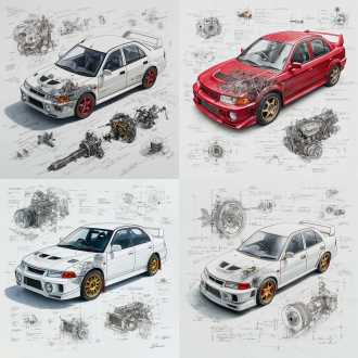 mitsubishi lancer evolution iii classic model, 3d central rendering on a pure white background, surrounded by hand-drawn sketches of key components. pencil sketch style with detailed annotations, including text descriptions and precise measurements. the classic color scheme highlights the elegance of this historic vehicle. the design focuses on both the full car and intricate mechanical details, capturing the essence of vintage automotive engineering