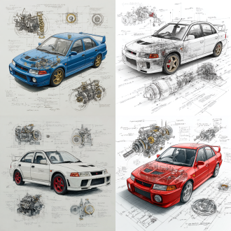 mitsubishi lancer evolution iii classic model, 3d central rendering on a pure white background, surrounded by hand-drawn sketches of key components. pencil sketch style with detailed annotations, including text descriptions and precise measurements. the classic color scheme highlights the elegance of this historic vehicle. the design focuses on both the full car and intricate mechanical details, capturing the essence of vintage automotive engineering