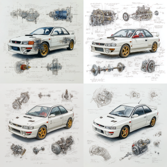 subaru impreza wrx st classic model, 3d central rendering on a pure white background, surrounded by hand-drawn sketches of key components. pencil sketch style with detailed annotations, including text descriptions and precise measurements. the classic color scheme highlights the elegance of this historic vehicle. the design focuses on both the full car and intricate mechanical details, capturing the essence of vintage automotive engineering