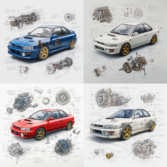 subaru impreza wrx st classic model, 3d central rendering on a pure white background, surrounded by hand-drawn sketches of key components. pencil sketch style with detailed annotations, including text descriptions and precise measurements. the classic color scheme highlights the elegance of this historic vehicle. the design focuses on both the full car and intricate mechanical details, capturing the essence of vintage automotive engineering