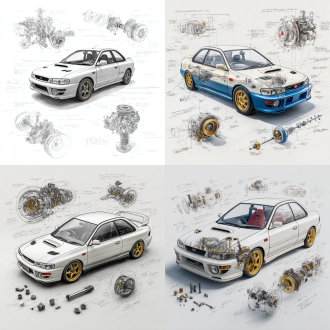 subaru impreza wrx st classic model, 3d central rendering on a pure white background, surrounded by hand-drawn sketches of key components. pencil sketch style with detailed annotations, including text descriptions and precise measurements. the classic color scheme highlights the elegance of this historic vehicle. the design focuses on both the full car and intricate mechanical details, capturing the essence of vintage automotive engineering