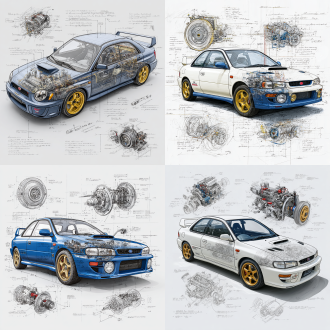 subaru impreza wrx sti classic model, 3d central rendering on a pure white background, surrounded by hand-drawn sketches of key components. pencil sketch style with detailed annotations, including text descriptions and precise measurements. the classic color scheme highlights the elegance of this historic vehicle. the design focuses on both the full car and intricate mechanical details, capturing the essence of vintage automotive engineering