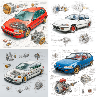 honda civic eg6‌ classic model, 3d central rendering on a pure white background, surrounded by hand-drawn sketches of key components. pencil sketch style with detailed annotations, including text descriptions and precise measurements. the classic color scheme highlights the elegance of this historic vehicle. the design focuses on both the full car and intricate mechanical details, capturing the essence of vintage automotive engineering