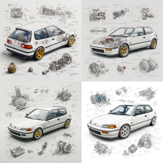 honda civic eg6‌ classic model, 3d central rendering on a pure white background, surrounded by hand-drawn sketches of key components. pencil sketch style with detailed annotations, including text descriptions and precise measurements. the classic color scheme highlights the elegance of this historic vehicle. the design focuses on both the full car and intricate mechanical details, capturing the essence of vintage automotive engineering
