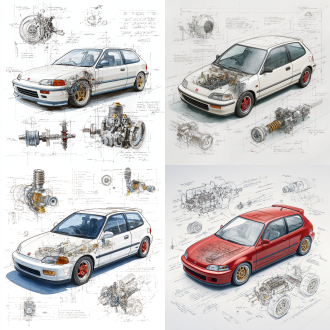 honda civic eg6‌ classic model, 3d central rendering on a pure white background, surrounded by hand-drawn sketches of key components. pencil sketch style with detailed annotations, including text descriptions and precise measurements. the classic color scheme highlights the elegance of this historic vehicle. the design focuses on both the full car and intricate mechanical details, capturing the essence of vintage automotive engineering