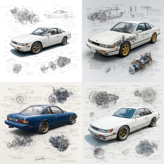 nissan silvia s13 classic model, 3d central rendering on a pure white background, surrounded by hand-drawn sketches of key components. pencil sketch style with detailed annotations, including text descriptions and precise measurements. the classic color scheme highlights the elegance of this historic vehicle. the design focuses on both the full car and intricate mechanical details, capturing the essence of vintage automotive engineering