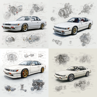nissan silvia s13 classic model, 3d central rendering on a pure white background, surrounded by hand-drawn sketches of key components. pencil sketch style with detailed annotations, including text descriptions and precise measurements. the classic color scheme highlights the elegance of this historic vehicle. the design focuses on both the full car and intricate mechanical details, capturing the essence of vintage automotive engineering