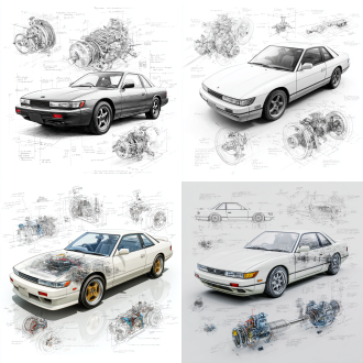 nissan silvia s13 classic model, 3d central rendering on a pure white background, surrounded by hand-drawn sketches of key components. pencil sketch style with detailed annotations, including text descriptions and precise measurements. the classic color scheme highlights the elegance of this historic vehicle. the design focuses on both the full car and intricate mechanical details, capturing the essence of vintage automotive engineering