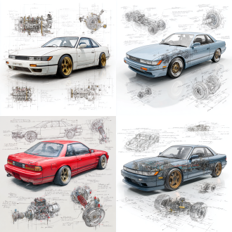 nissan silvia s13 classic model, 3d central rendering on a pure white background, surrounded by hand-drawn sketches of key components. pencil sketch style with detailed annotations, including text descriptions and precise measurements. the classic color scheme highlights the elegance of this historic vehicle. the design focuses on both the full car and intricate mechanical details, capturing the essence of vintage automotive engineering